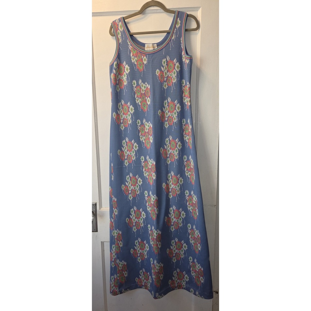 Vintage 70's James Kenrob Blue Floral Tank Shift Maxi Dress Trevira Polyester 16